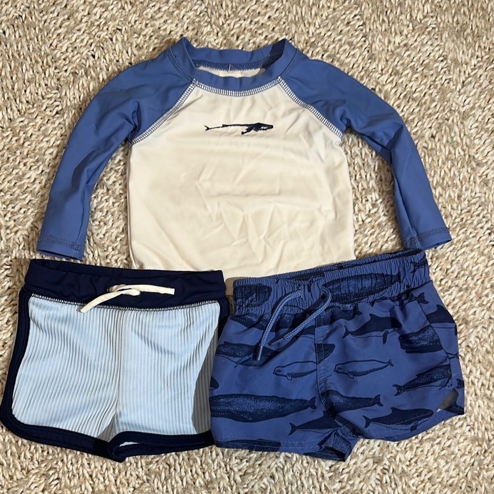Boys whale print rash guard and trunks set plus extra pair of trunks size 12 mo